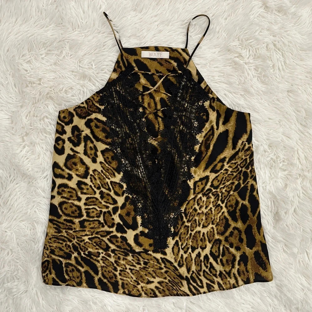 WAYF leopard print sleeveless blouse lace up size xs